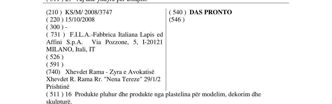 Zëri i markës DAS PRONTO në buletin