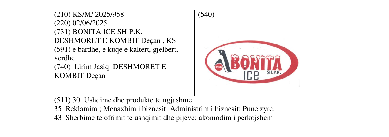 Zëri i markës BONITA ICE në buletin