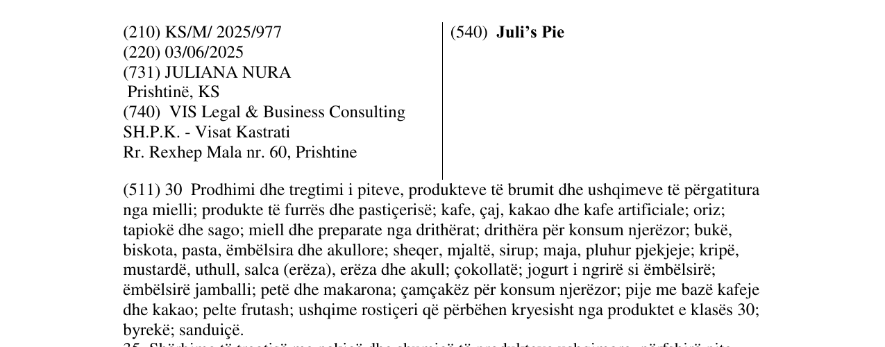 Zëri i markës Juli’s Pie në buletin