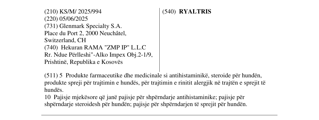 Zëri i markës RYALTRIS në buletin