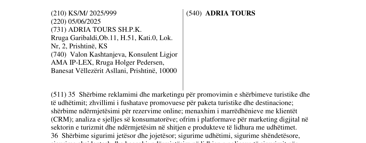 Zëri i markës ADRIA TOURS në buletin