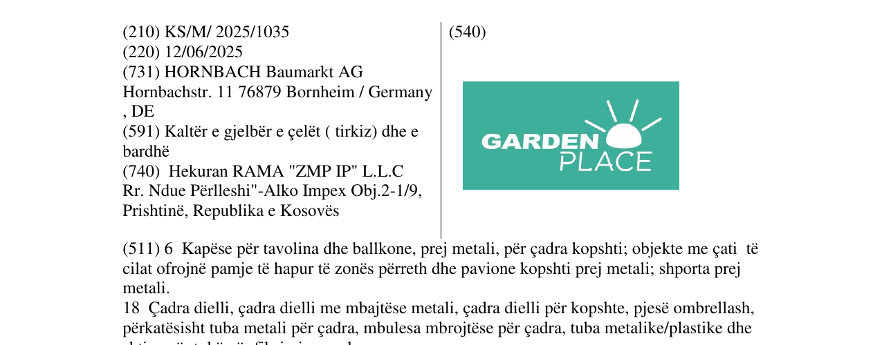 Zëri i markës GARDEN PLACE në buletin