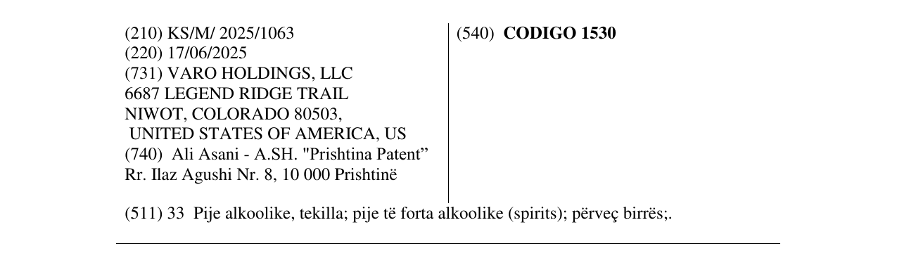 Zëri i markës CODIGO 1530 në buletin