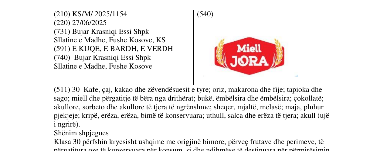 Zëri i markës MIELL JORA në buletin