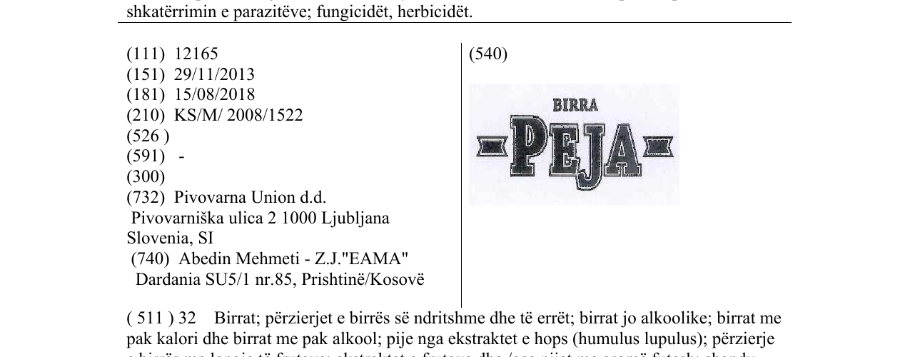 Zëri i markës BIRRA PEJA fig. në buletin