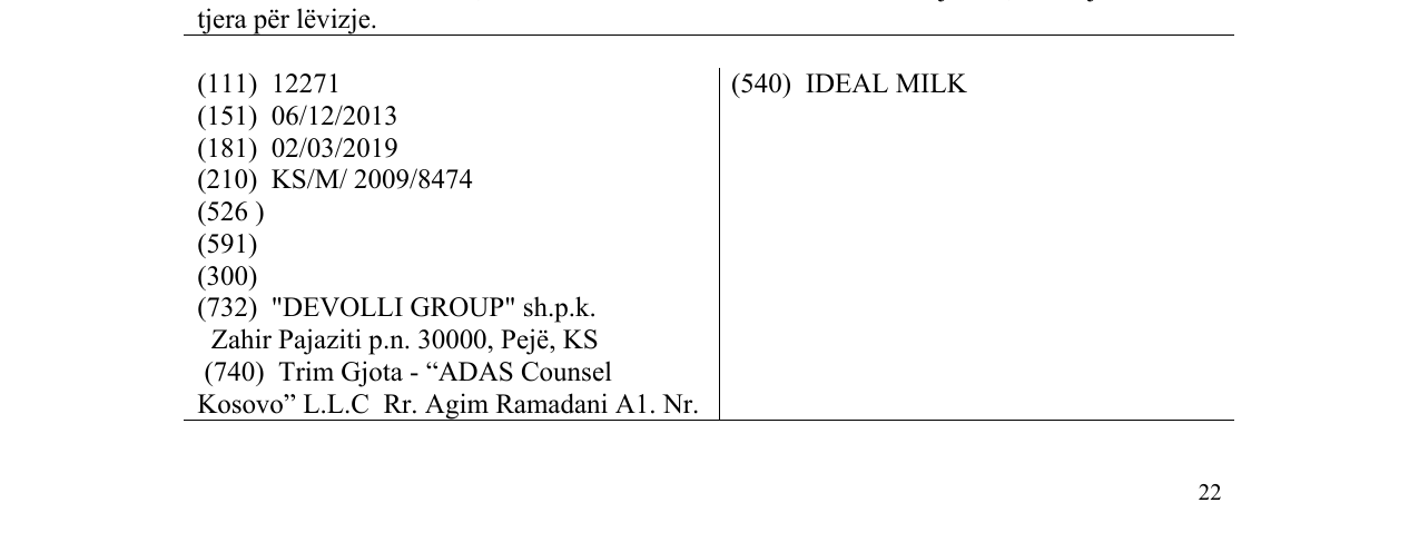 Zëri i markës IDEAL MILK në buletin
