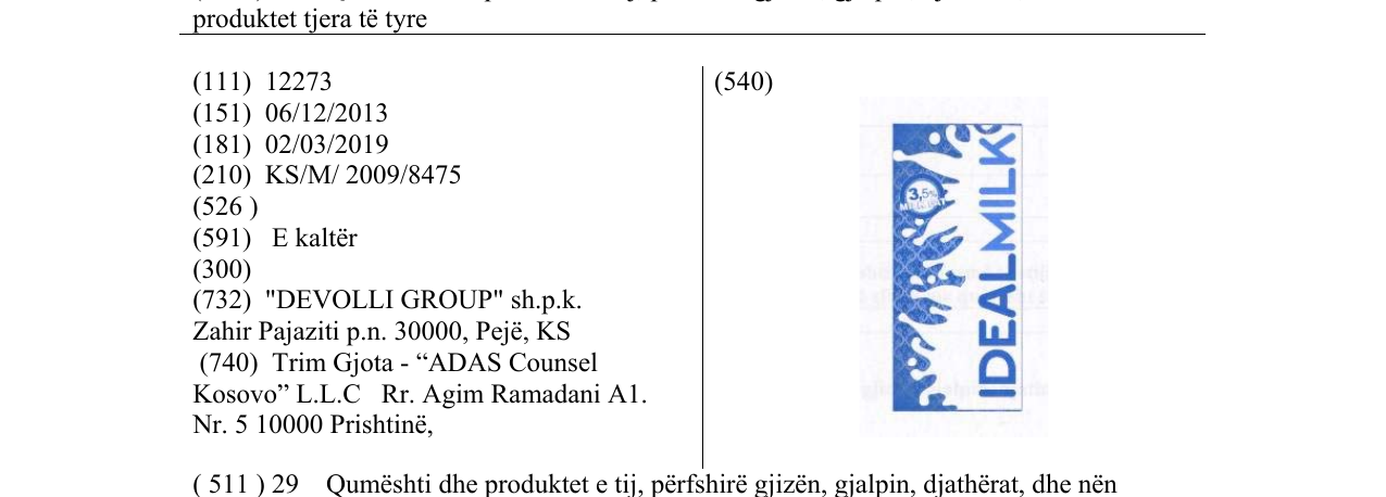 Zëri i markës IDEAL MILK në buletin