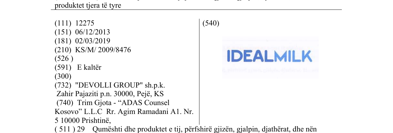 Zëri i markës IDEALMILK në buletin