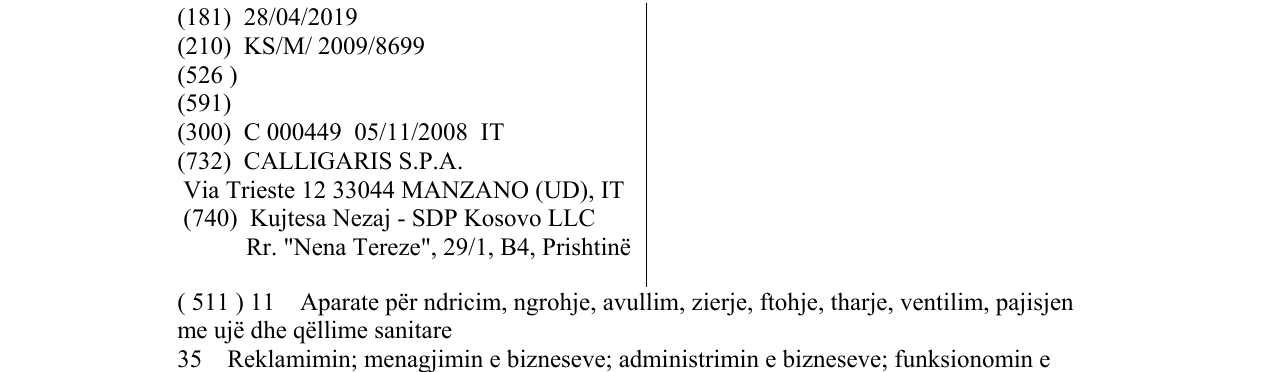 Zëri i markës CALLIGARIS në buletin