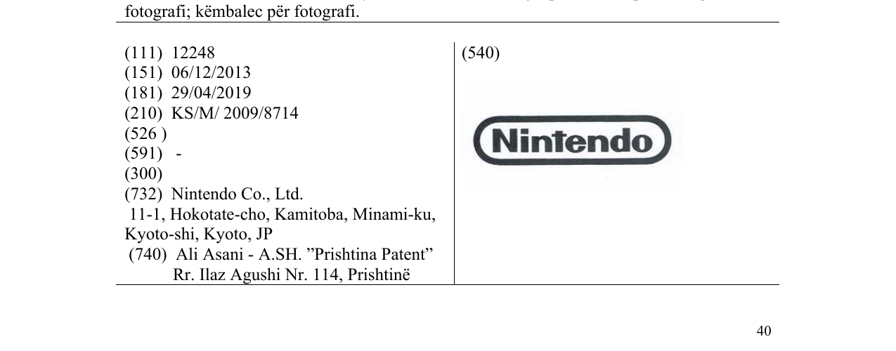 Zëri i markës NINTENDO në buletin