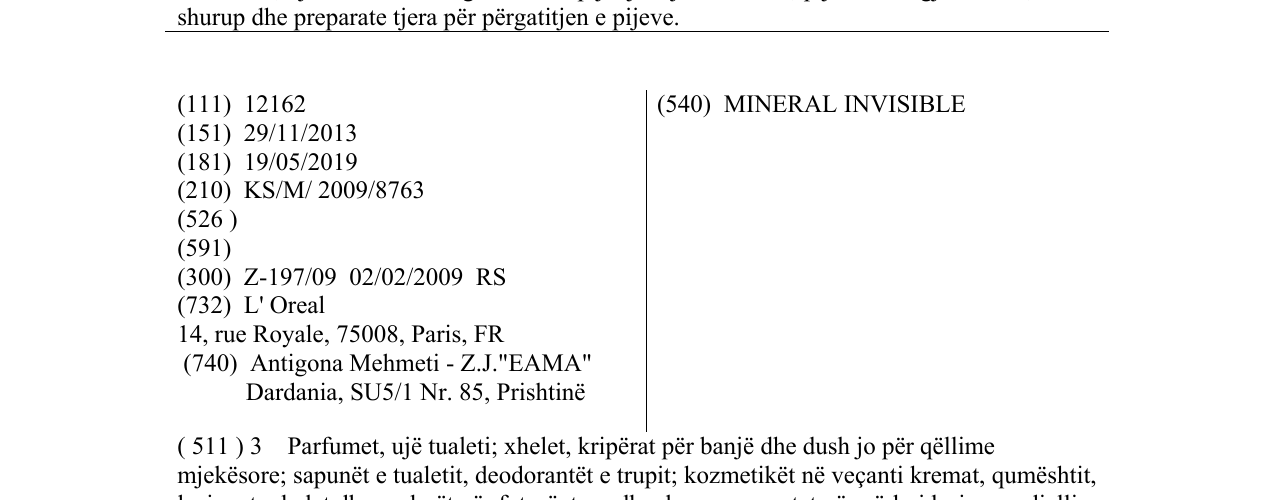 Zëri i markës MINERAL INVISIBLE në buletin