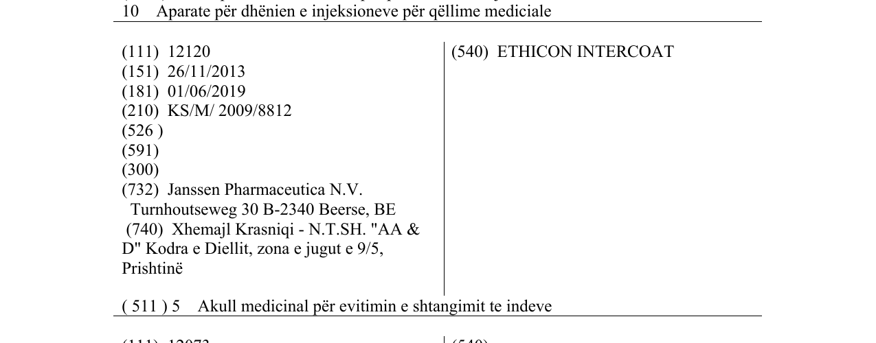 Zëri i markës ETHICON INTERCOAT në buletin