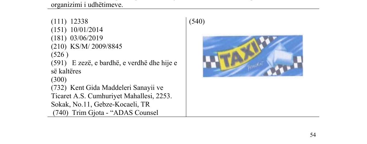 Zëri i markës TAXI në buletin
