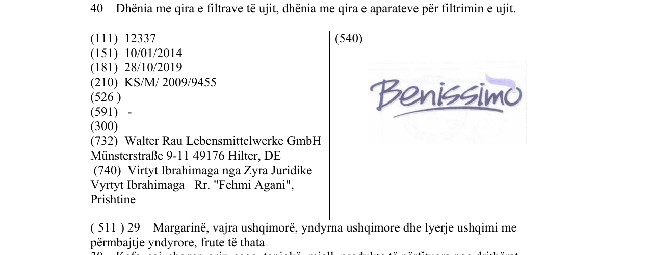 Zëri i markës Benissimo në buletin