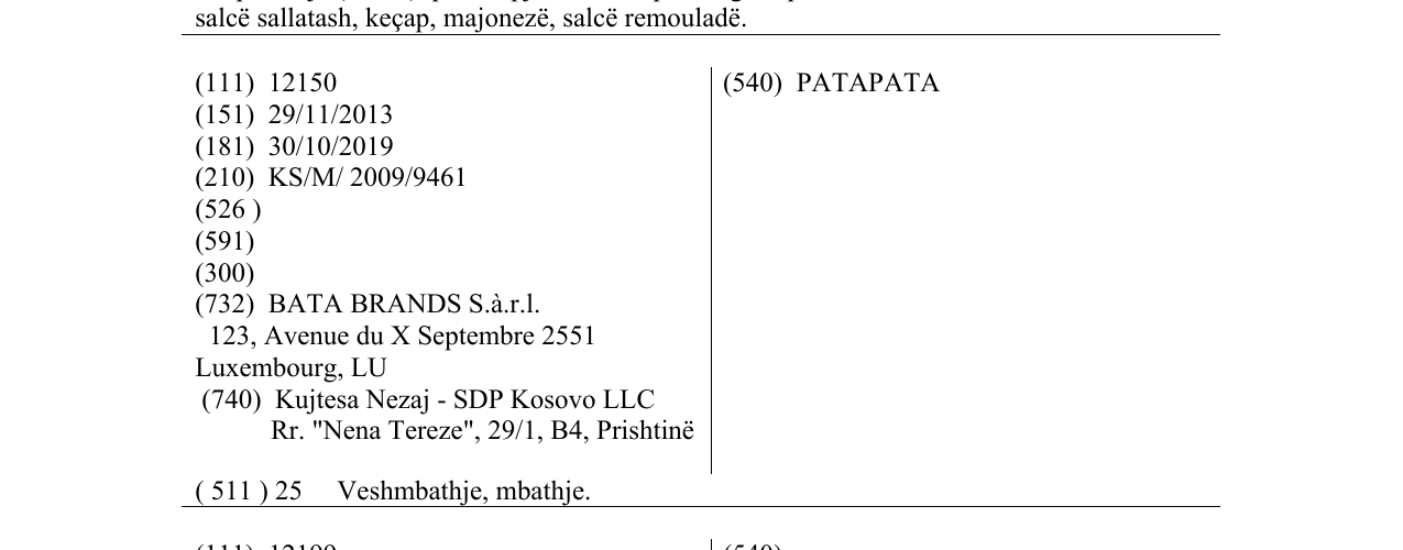 Zëri i markës PATAPATA në buletin