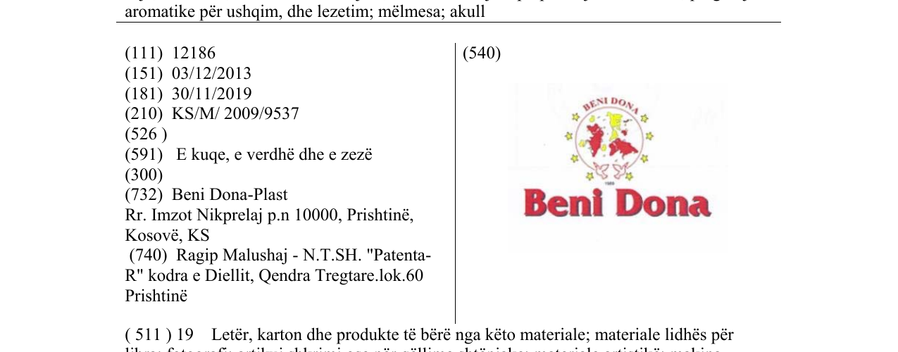 Zëri i markës Beni Dona në buletin