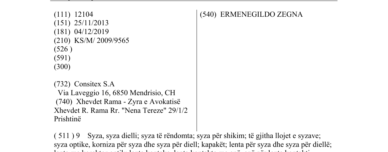 Zëri i markës ERMENEGILDO ZEGNA në buletin