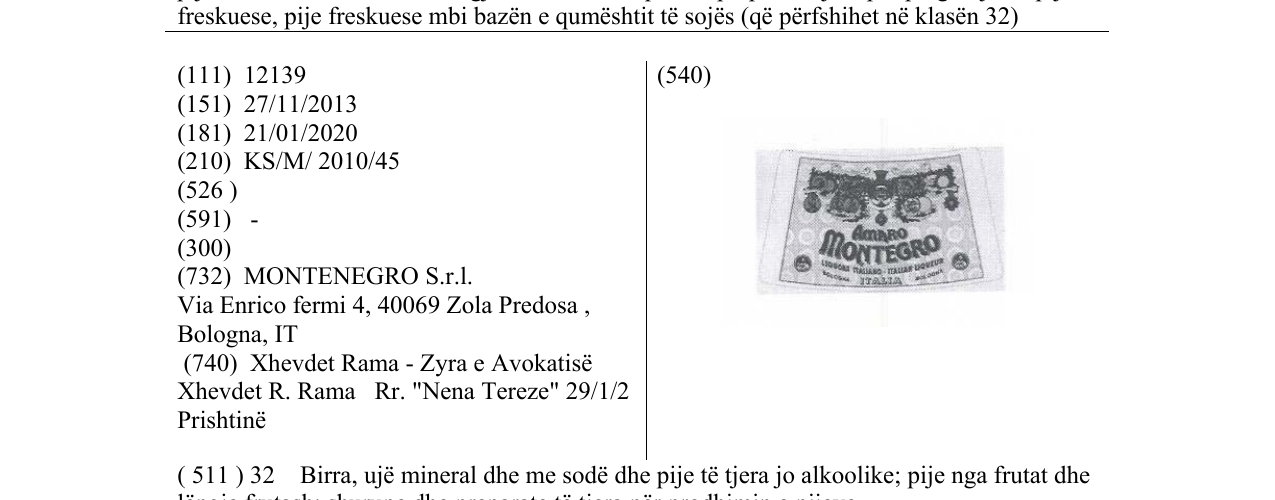 Zëri i markës Amaro Montenegro në buletin