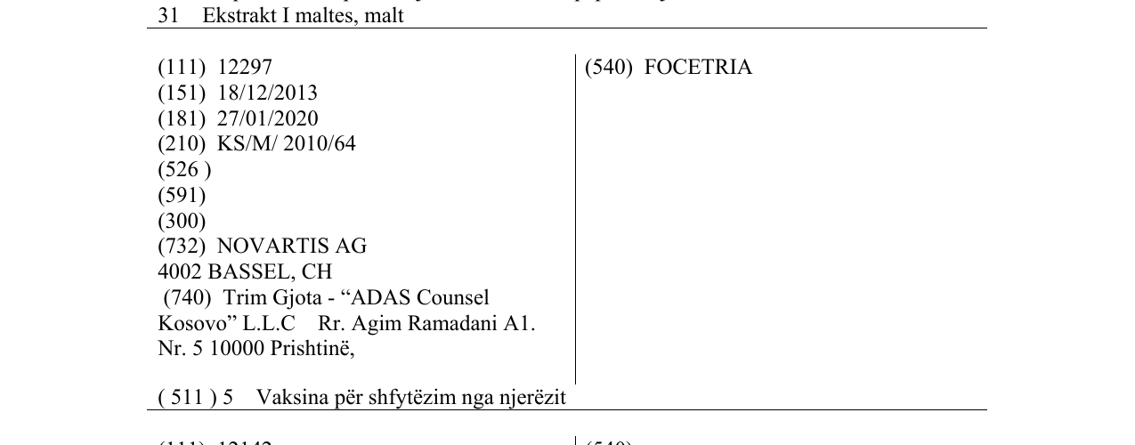 Zëri i markës FOCETRIA në buletin