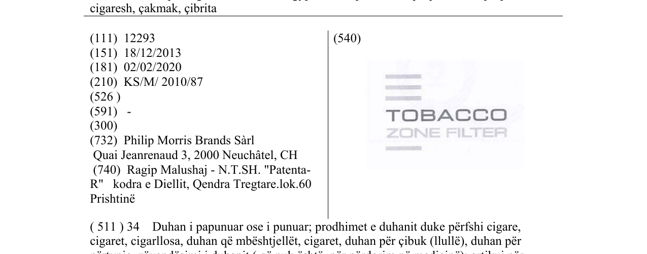 Zëri i markës TOBACCO ZONE FILTER në buletin