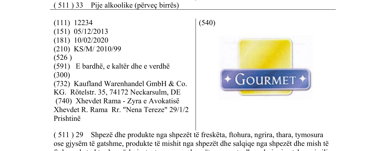 The entry of the trademark GOURMET in the bulletin