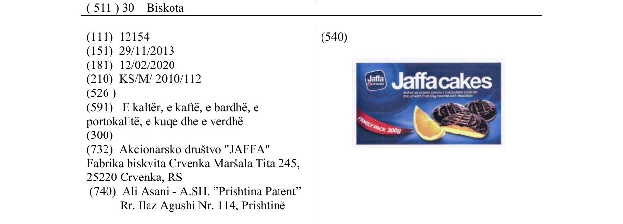 Zëri i markës Jaffacakes në buletin