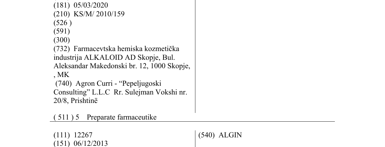 Zëri i markës CAFALGIN në buletin