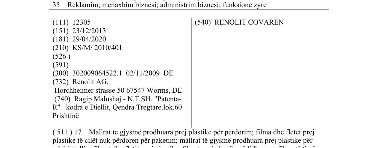 Zëri i markës RENOLIT COVAREN në buletin