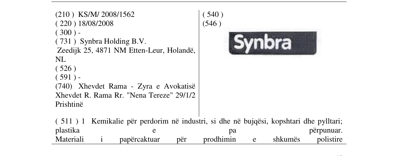 Zëri i markës SYNBRA (word device mark) në buletin