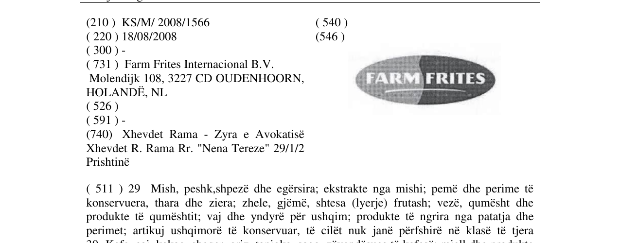 Zëri i markës FARM FRITES fig. në buletin
