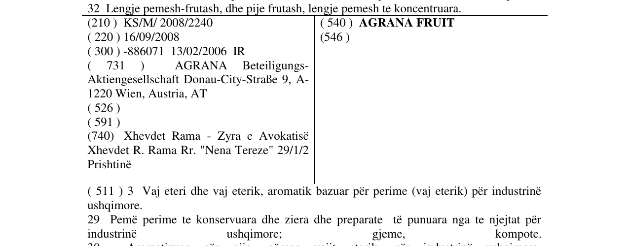 Zëri i markës AGRANA FRUIT në buletin