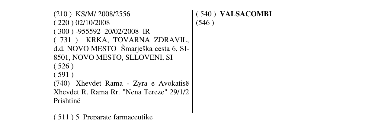 Zëri i markës VALSACOMBI në buletin