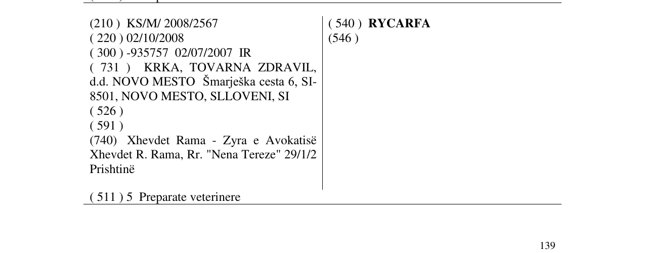 Zëri i markës RYCARFA në buletin