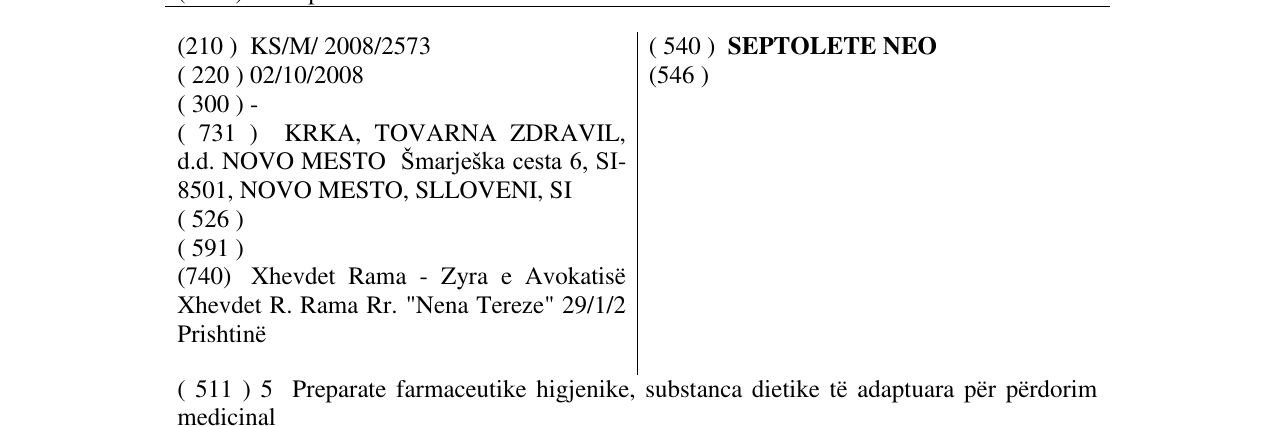 Zëri i markës SEPTOLETE NEO në buletin