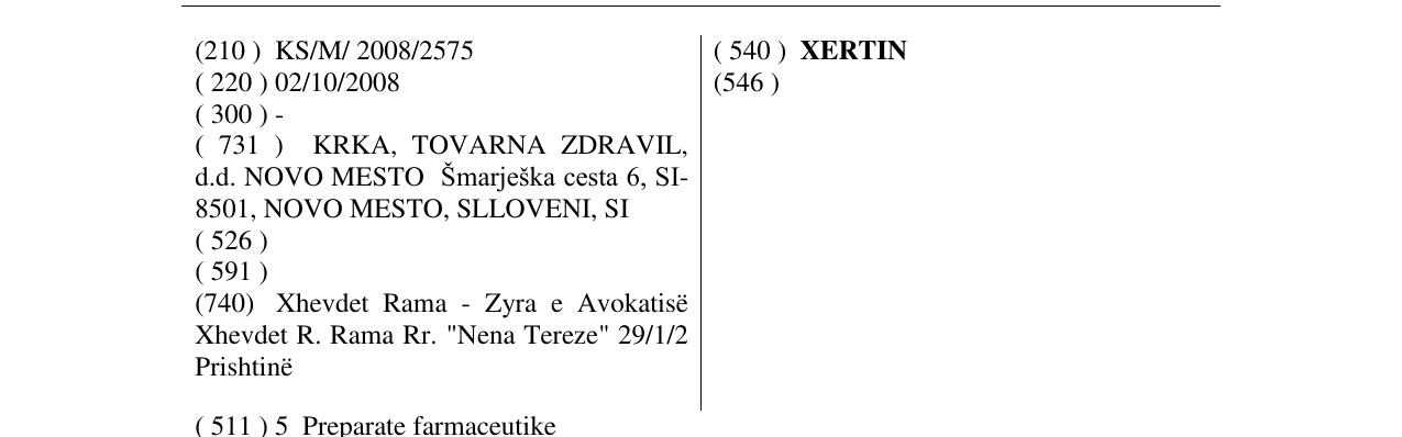 Zëri i markës XERTIN në buletin