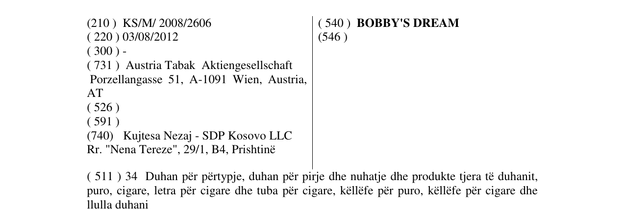 Zëri i markës BOBBY'S DREAM në buletin