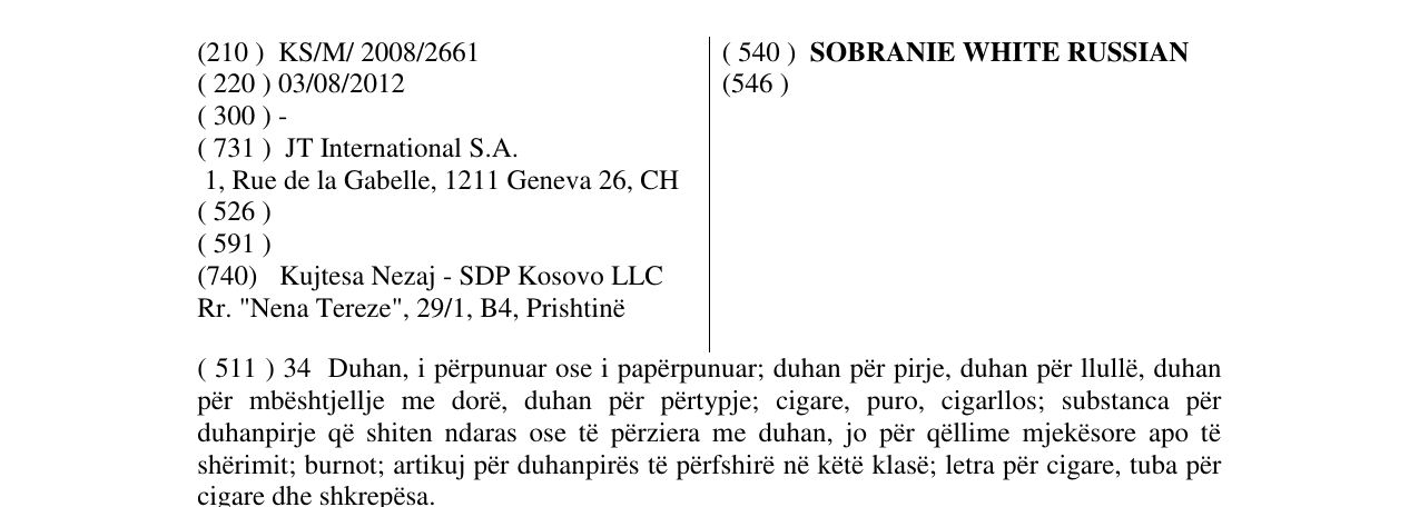 Zëri i markës SOBRANIE WHITE RUSSIAN në buletin