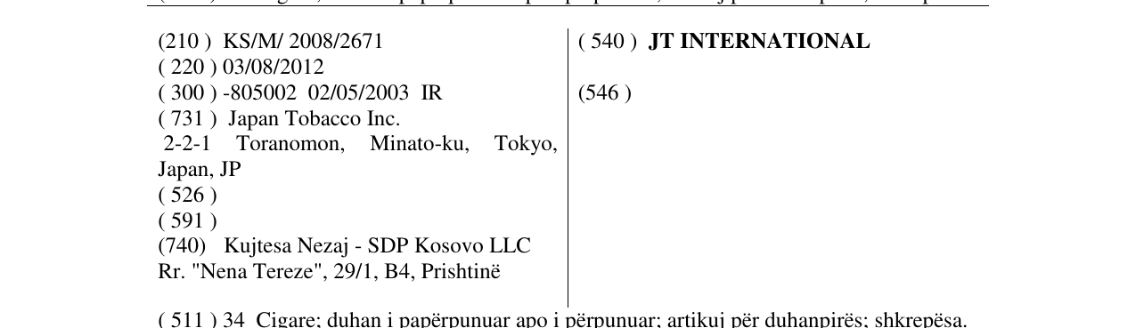 Zëri i markës JT INTERNATIONAL në buletin