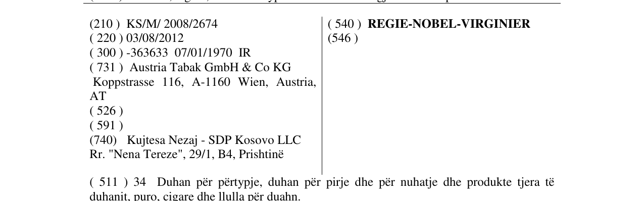 Zëri i markës REGIE-NOBEL-VIRGINIER në buletin