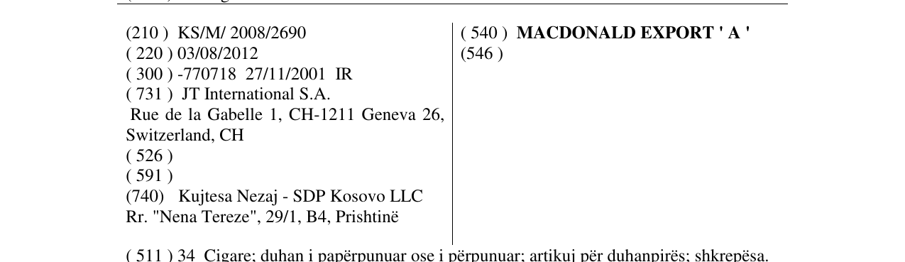 Zëri i markës MACDONALD EXPORT ' A ' në buletin