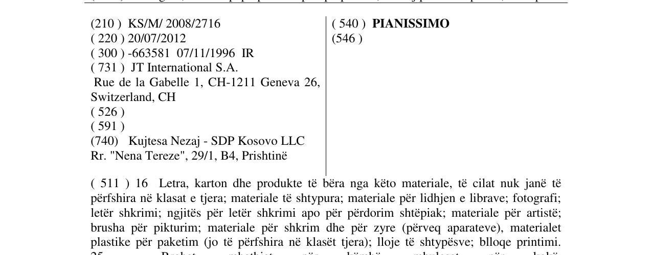 Zëri i markës PIANISSIMO në buletin