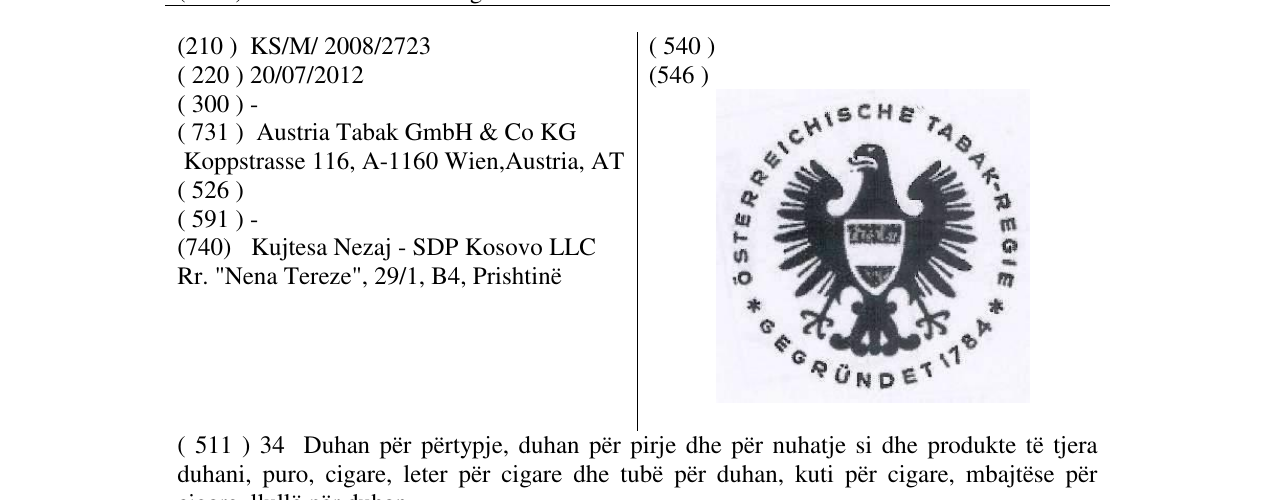 Zëri i markës ÖSTERREICHISCHE TABAK-REGIE*GEGRÜNDET 1784 në buletin