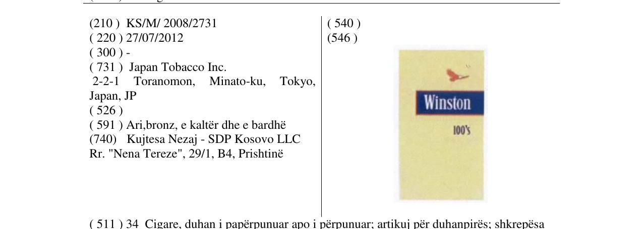 Zëri i markës Winston 100'S në buletin