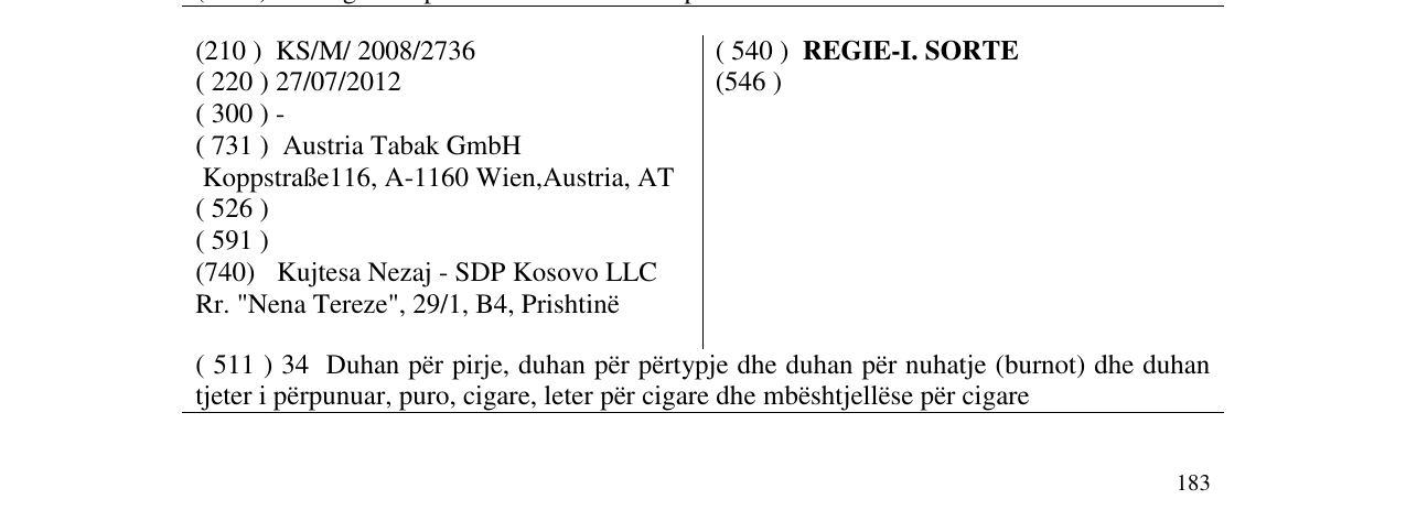 Zëri i markës REGIE-I. SORTE në buletin
