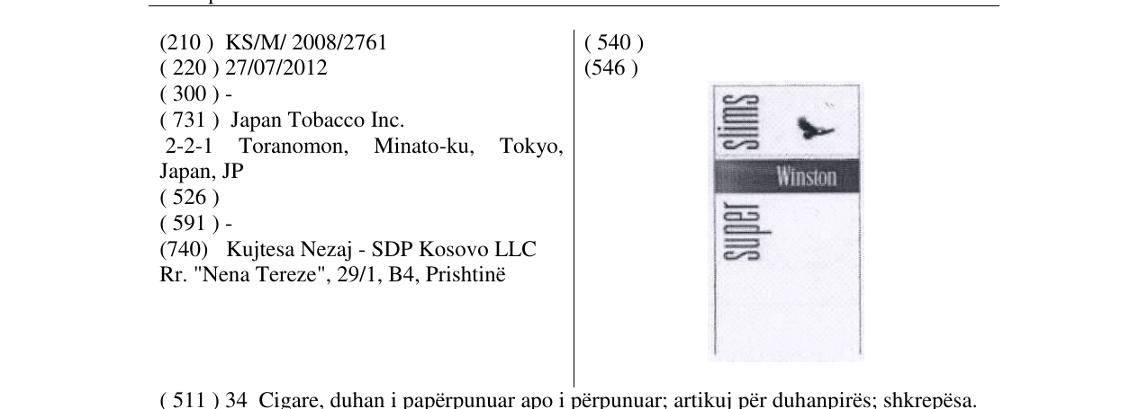 Zëri i markës Winston super slims në buletin