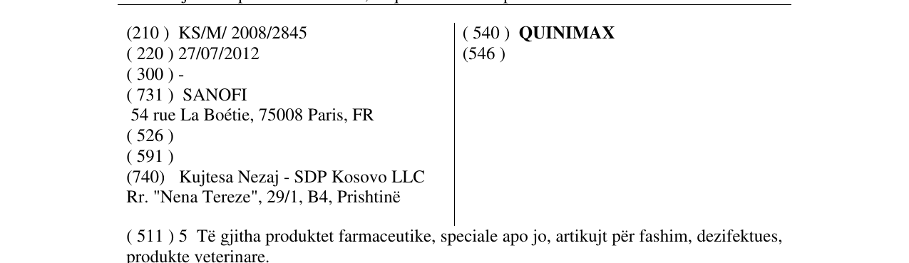 Zëri i markës QUINIMAX në buletin