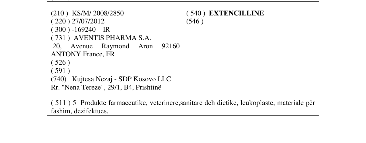 Zëri i markës EXTENCILLINE në buletin
