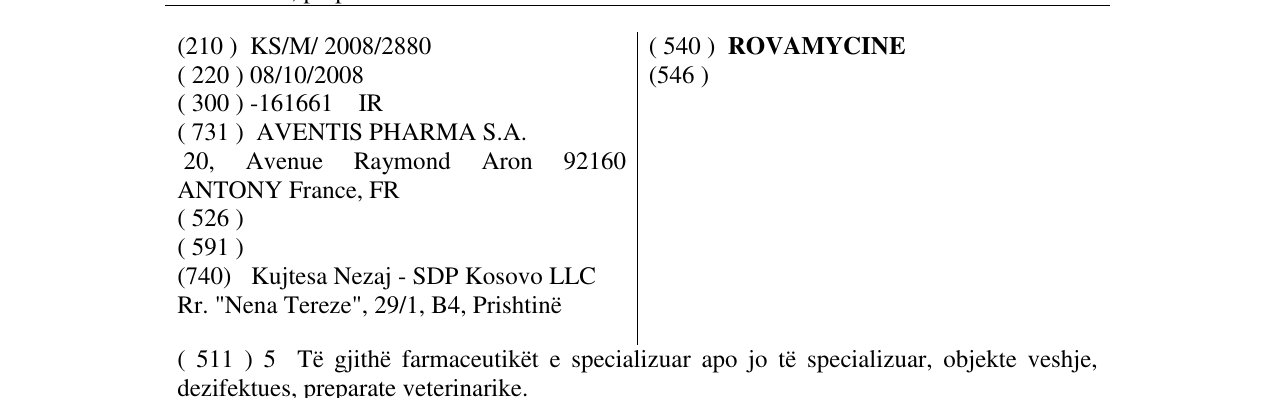 Zëri i markës ROVAMYCINE në buletin
