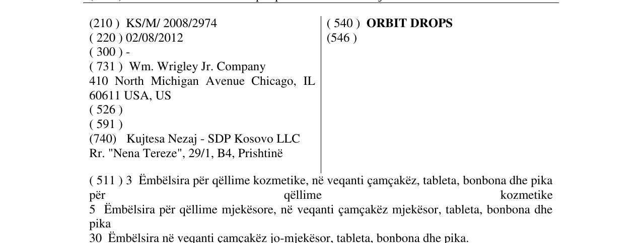 Zëri i markës ORBIT DROPS në buletin