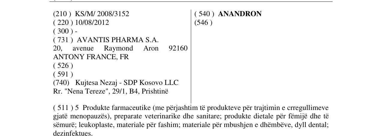 Zëri i markës ANANDRON në buletin